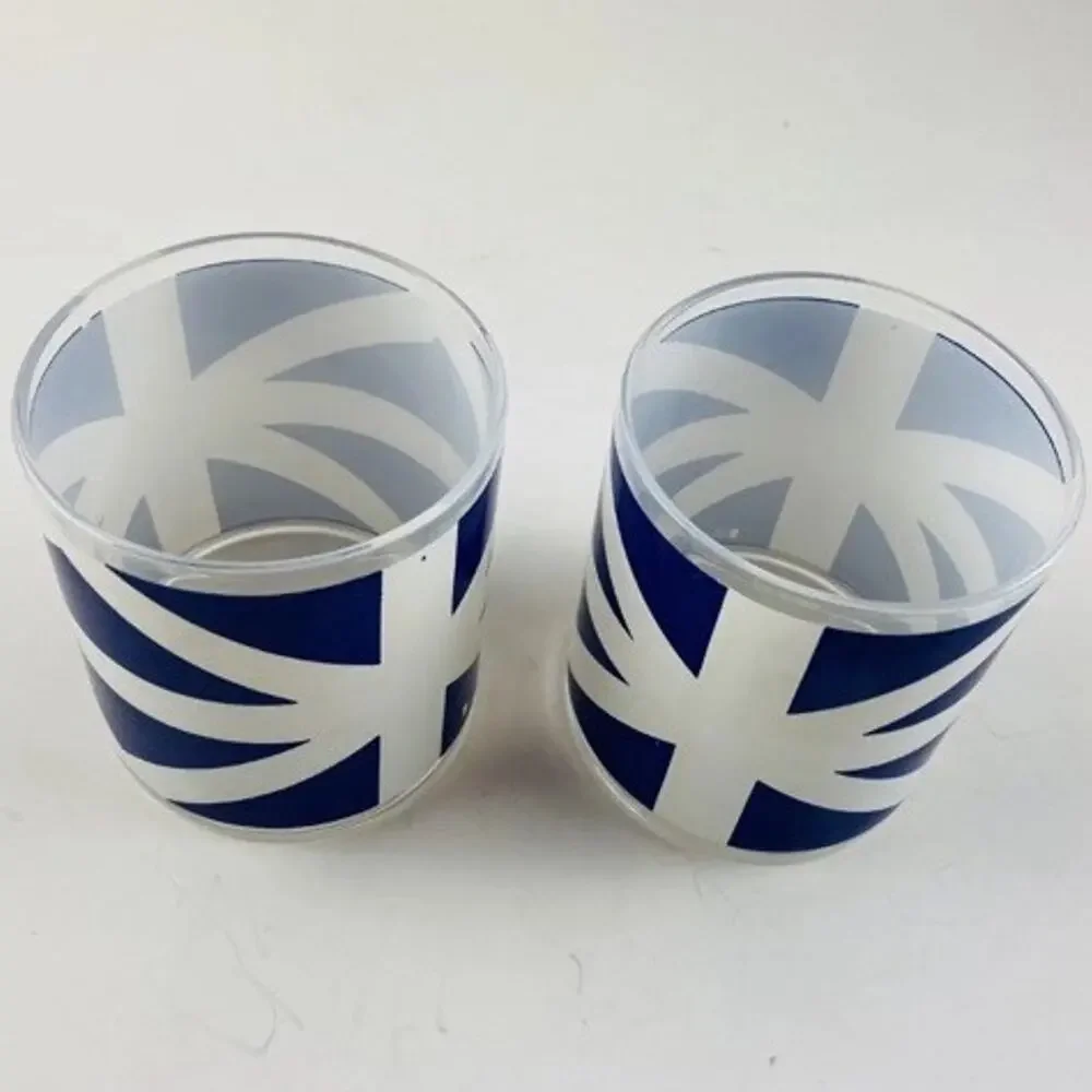2 Cera Glass 10oz Cups Low Ball Blue White Union Jack Vintage Rare